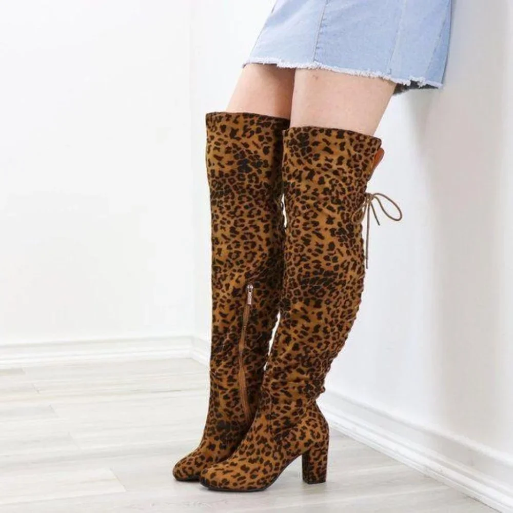 Suede Leopard Thigh High Heeled Boots Back Laces - Picture 3 of 15